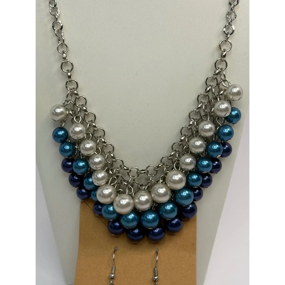 Silver Tone Faux Pearl Bib Statement Necklace & Earring Set Teal Blue Resortwear